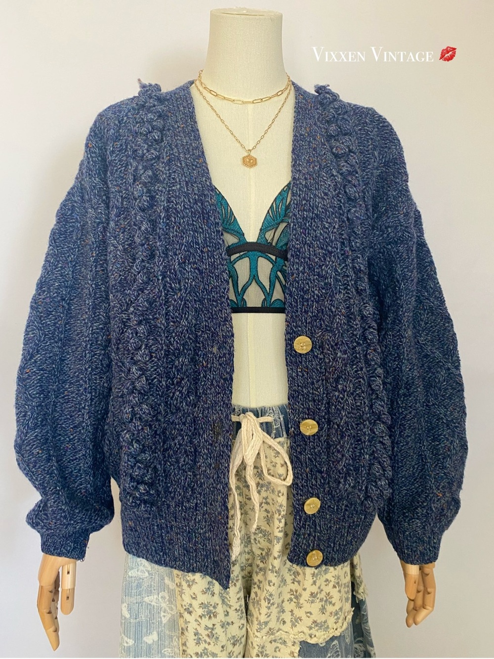 VINTAGE 1980'S CARROLL REED SPECKLED CHUNKY DIAMOND CABLE KNIT BOBBLE CARDIGAN